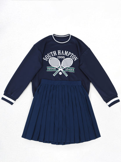 Vintage Tennis Print Sweatshirt Pleated Skirt Set