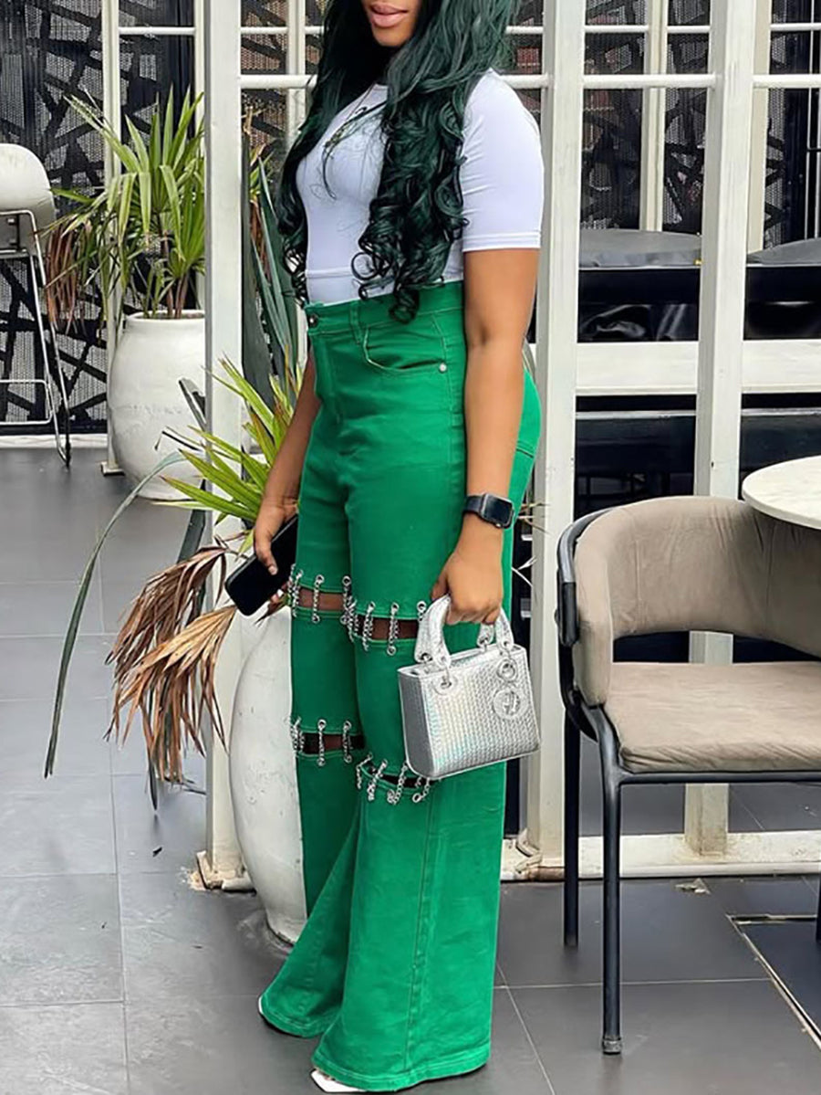 High Waist Distressed Chain Denim Pants