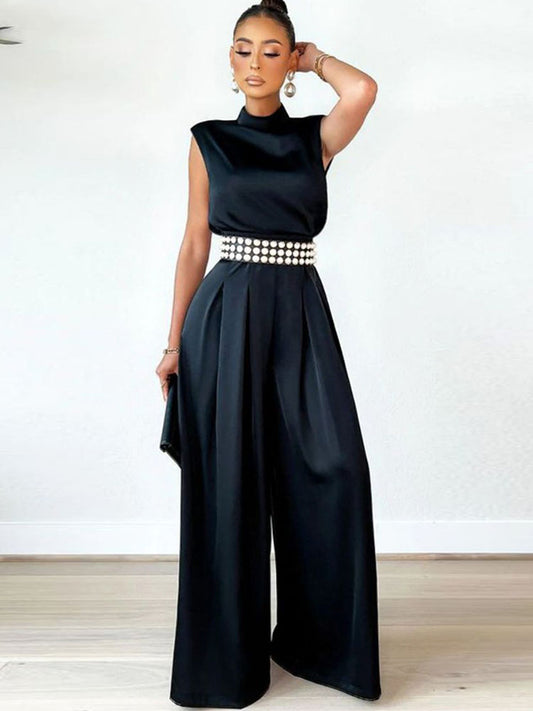 Mono de pierna ancha sin mangas con cuello simulado 