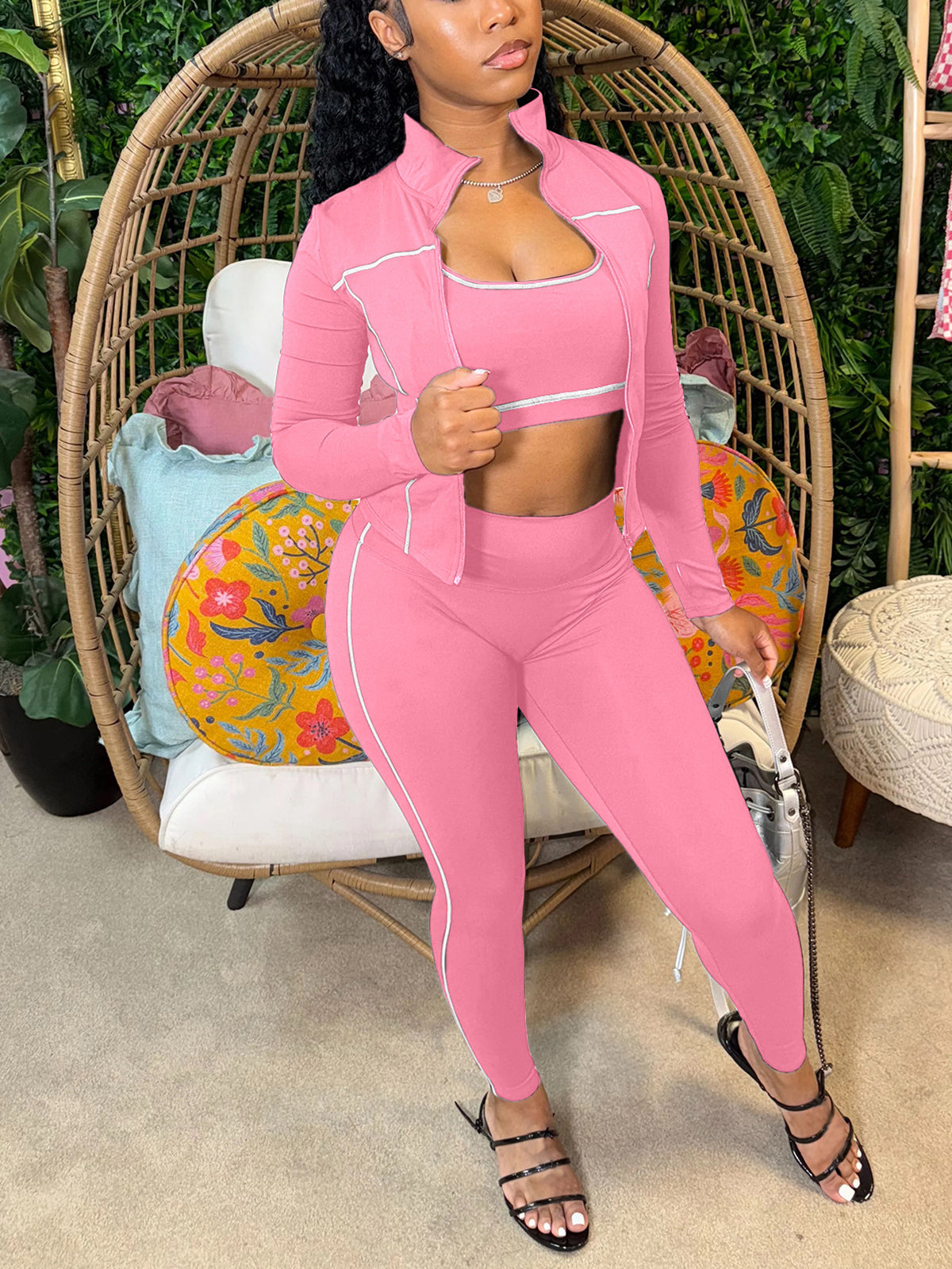 Three Pieces Crop Tank Jacket Leggings Sets