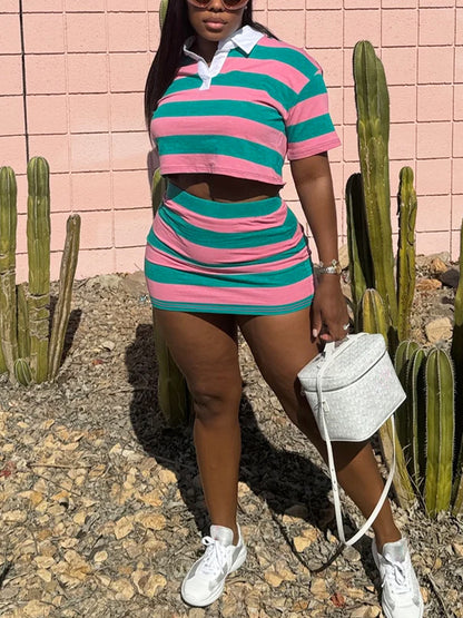 Striped Contrast Crop Top Skirt Set