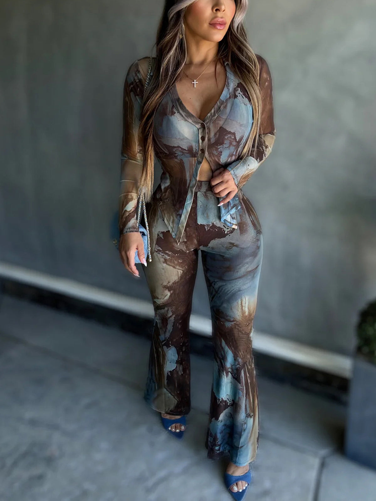 Two Piece Mesh Print Shirt Pants Set