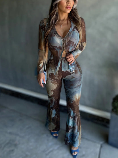 Two Piece Mesh Print Shirt Pants Set