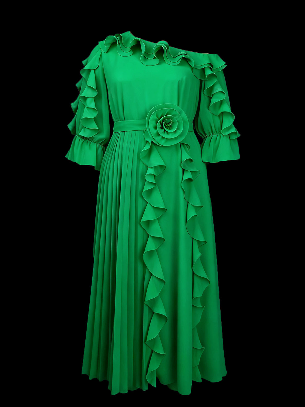 Ruffled Off-Shoulder Pleated Maxi Dress