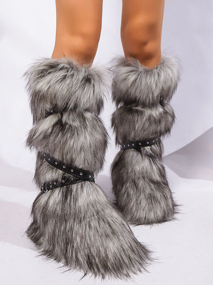 Y2K Faux Fur Cross Strap Buckle Boots