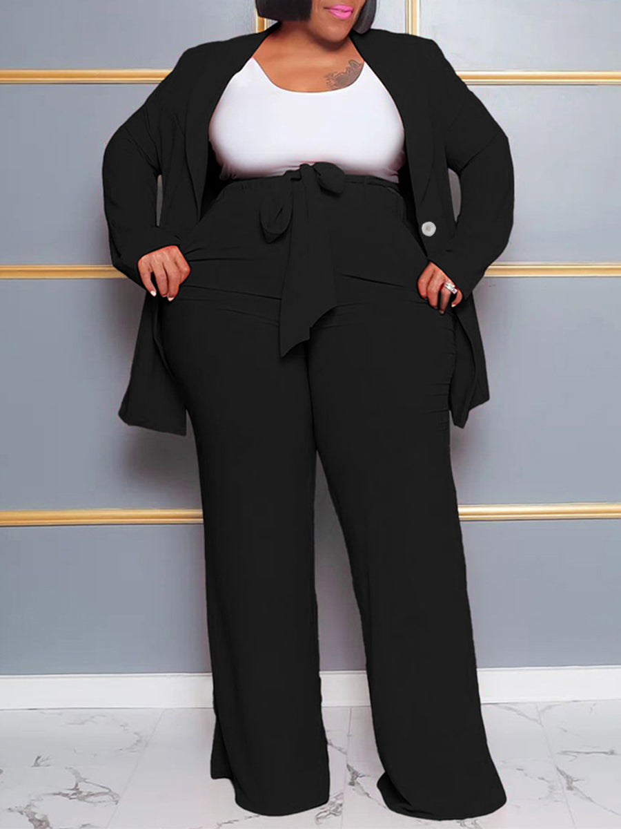 Plus Size Belted Blazer Pants Set