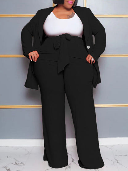 Plus Size Belted Blazer Pants Set