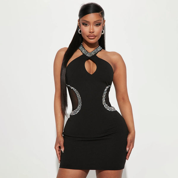 Halter Neck Cut Out Sleeveless Mesh Mini Dress