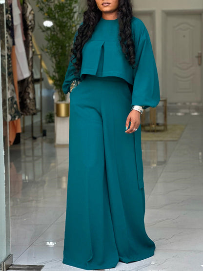Plus Size Lantern Sleeve Wide Leg Pants Set