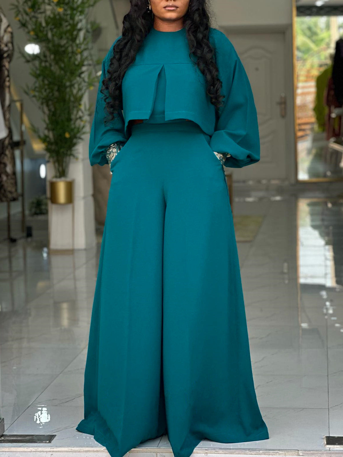 Plus Size Lantern Sleeve Wide Leg Pants Set