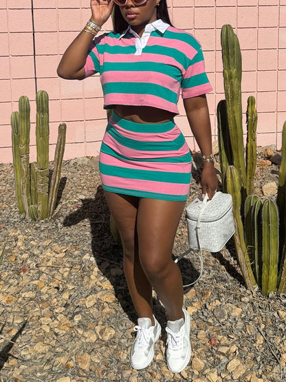 Striped Contrast Crop Top Skirt Set