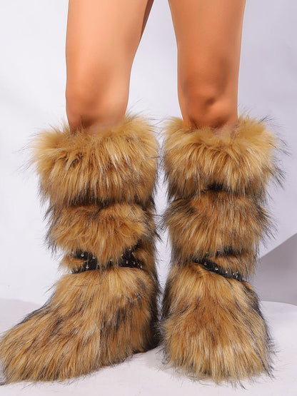 Y2K Faux Fur Cross Strap Buckle Boots