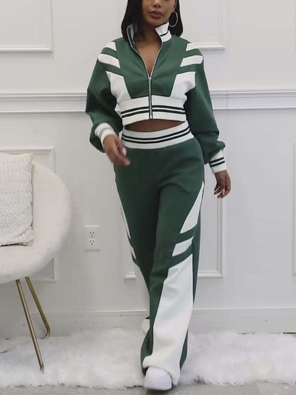 Zip Up Top Color Block Pants Set