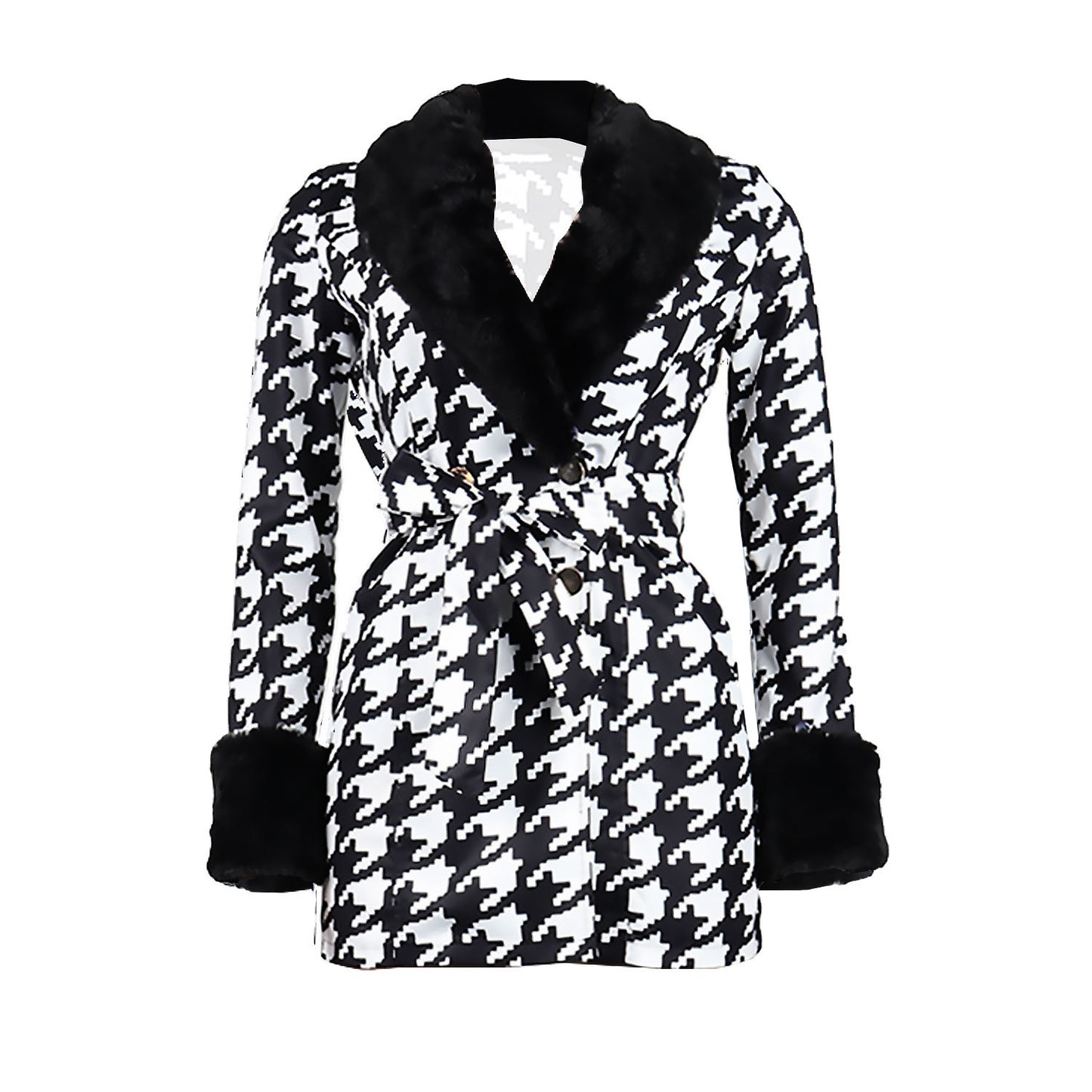 Houndstooth Long Sleeve Patchwork Woolen Coat