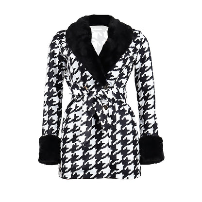 Houndstooth Long Sleeve Patchwork Woolen Coat