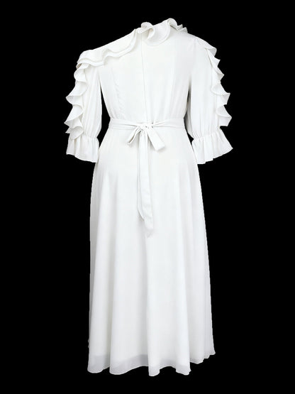 Ruffled Off-Shoulder Pleated Maxi Dress