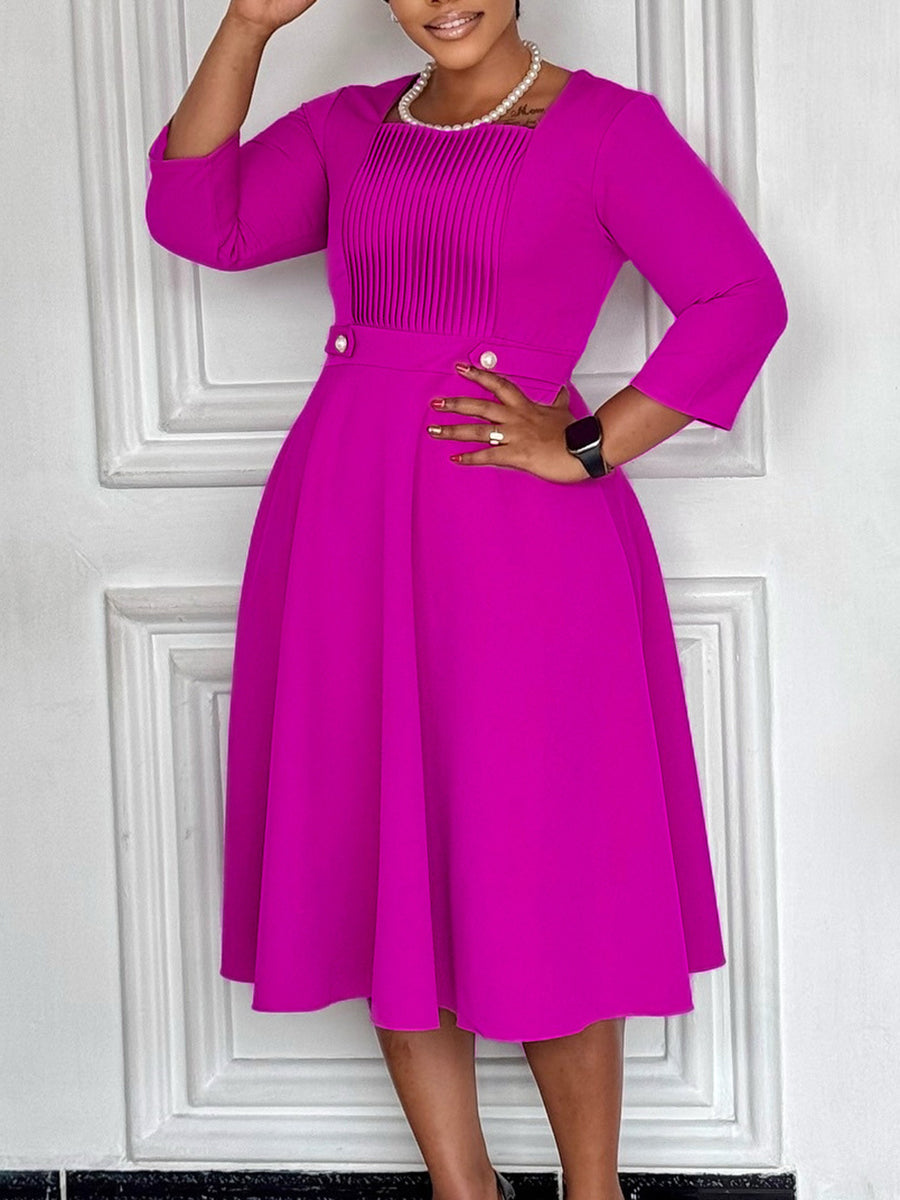 Plus Size Square Neck Pleated Dress