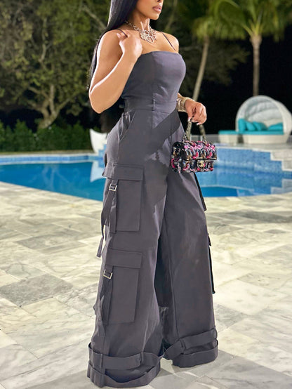 Spaghetti Strap Cargo Wide Leg Jumpsuit