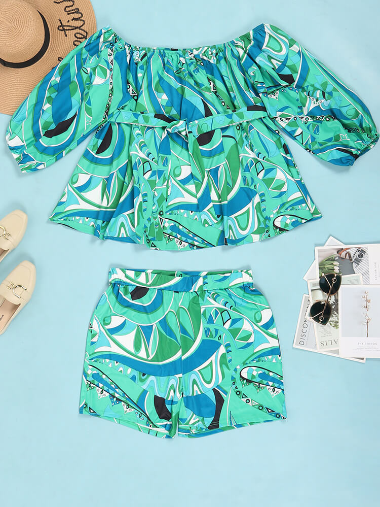 Off-Shoulder Printed Top and Solid Shorts