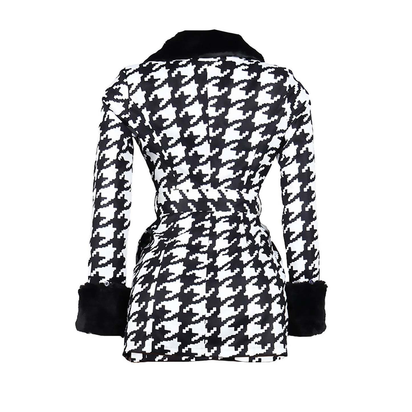 Houndstooth Long Sleeve Patchwork Woolen Coat