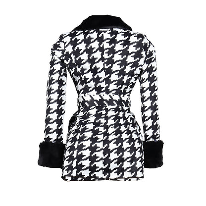 Houndstooth Long Sleeve Patchwork Woolen Coat