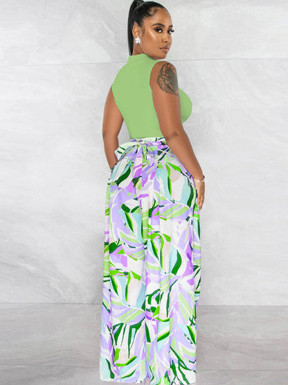 Two Piece Crop Top Floral Print Long Pants