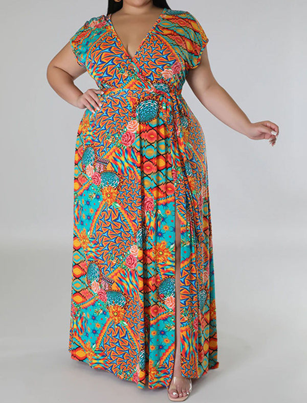 Plus Size Floral Print Split Maxi Dress