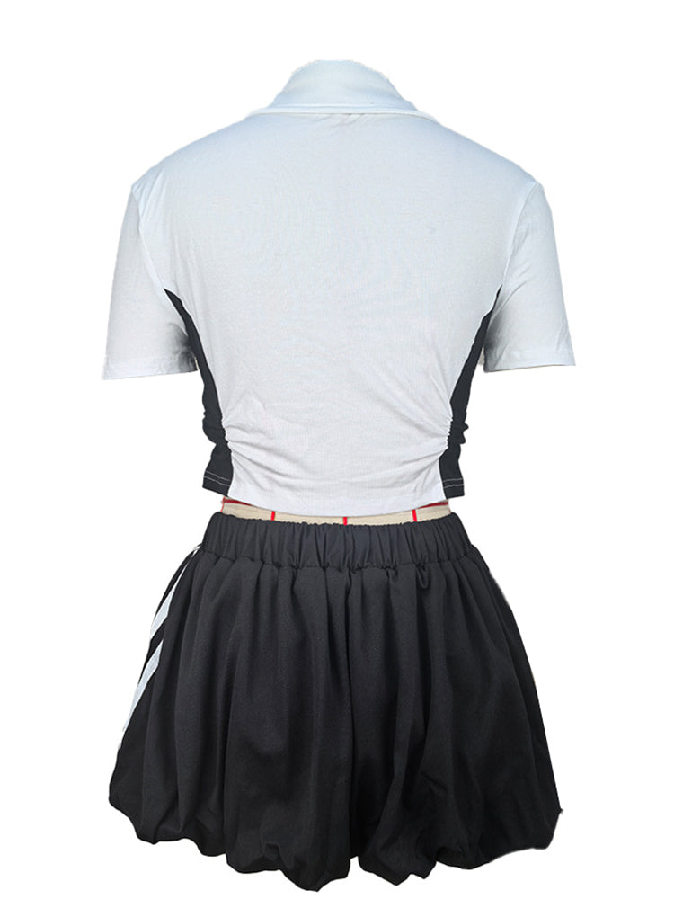 Lace Trim Letter Print Top Pleated Skirt Set