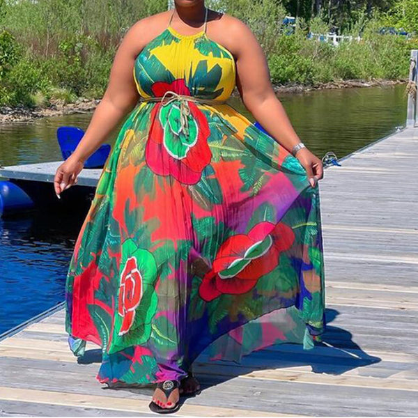 Plus Size Floral Print Halter Neck Maxi Dress