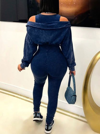 Off Shoulder Long Sleeve Ribbed Jumpsuit