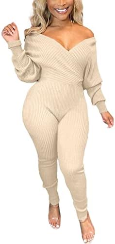 V Neck Long Sleeve Ribbed Jumpsuit