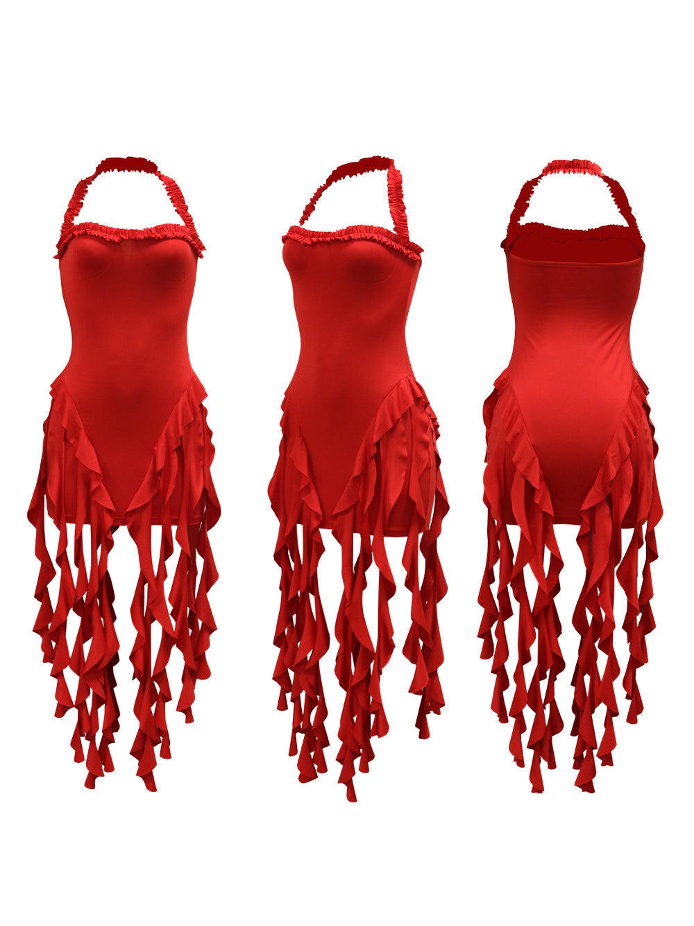 Ruffle Fringe Halter Mini Dress