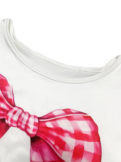 Bow Tie Print Top Denim Plaid Wide-Leg Pants Sets