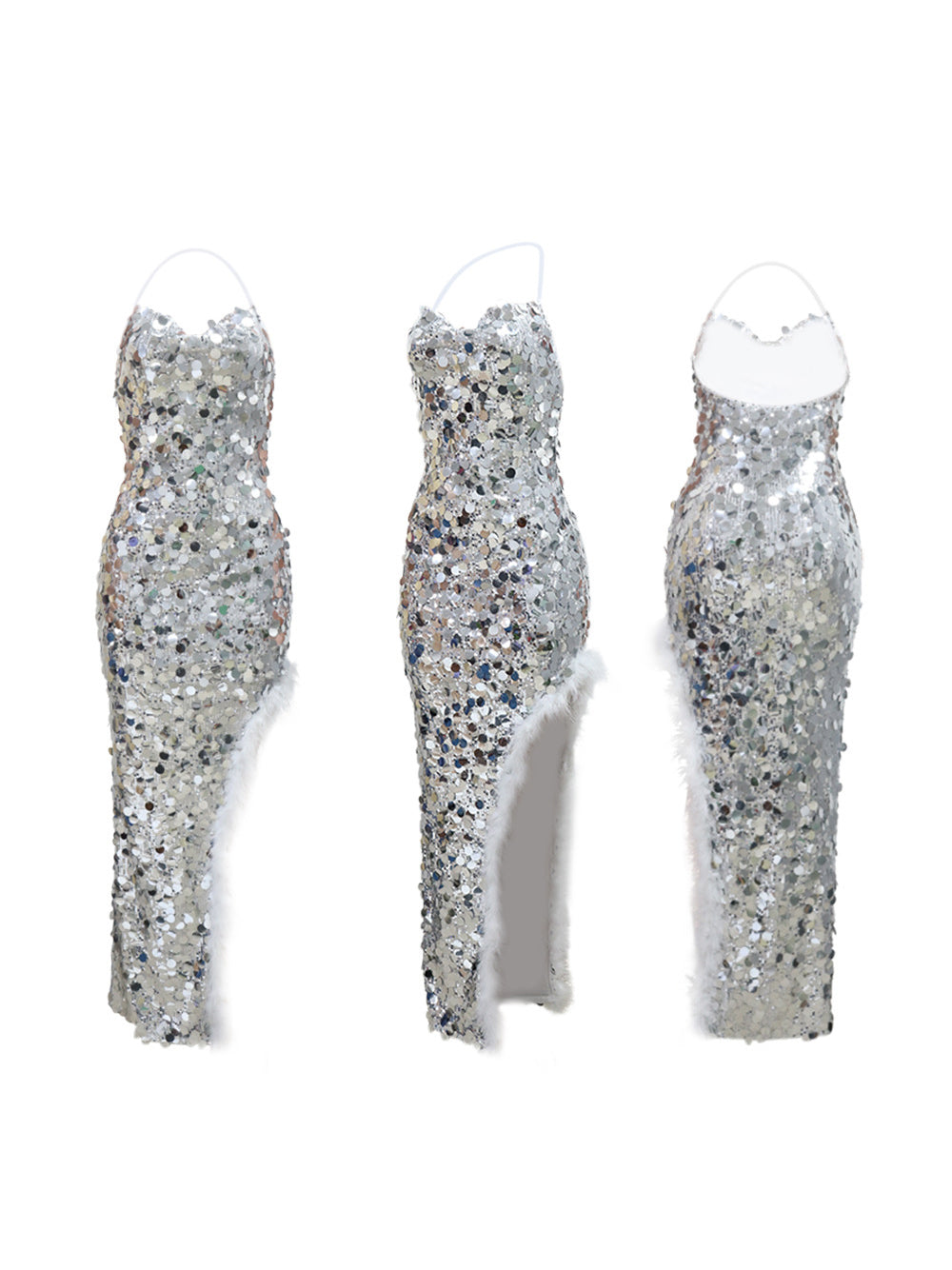 Sequin Halter Backless Feather Trim Dress