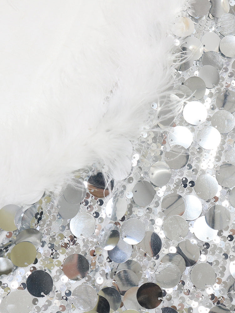 Sequin Halter Backless Feather Trim Dress