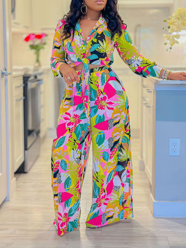 Printed Two-Piece Shirt & Wide-Leg Pants