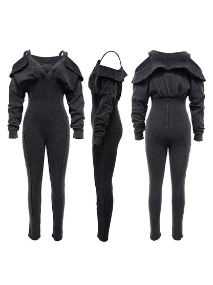 Off Shoulder Long Sleeve Ribbed Jumpsuit