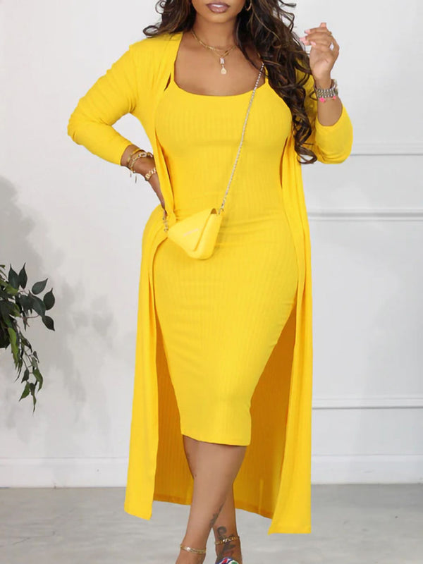 Solid Color Cardigan Midi Dress Two-Piece Set