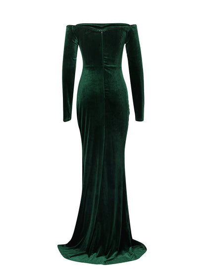 Off Shoulder Velvet Split Maxi Dress