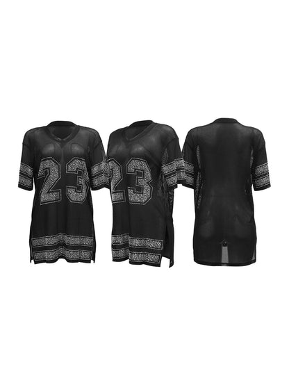 Number Graphic Rhinestone Mesh T-Shirt Dress