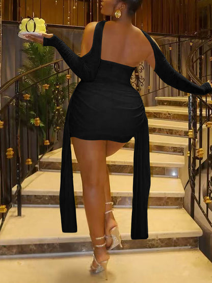 Strapless Mesh Mini Dress with Scarf Gloves