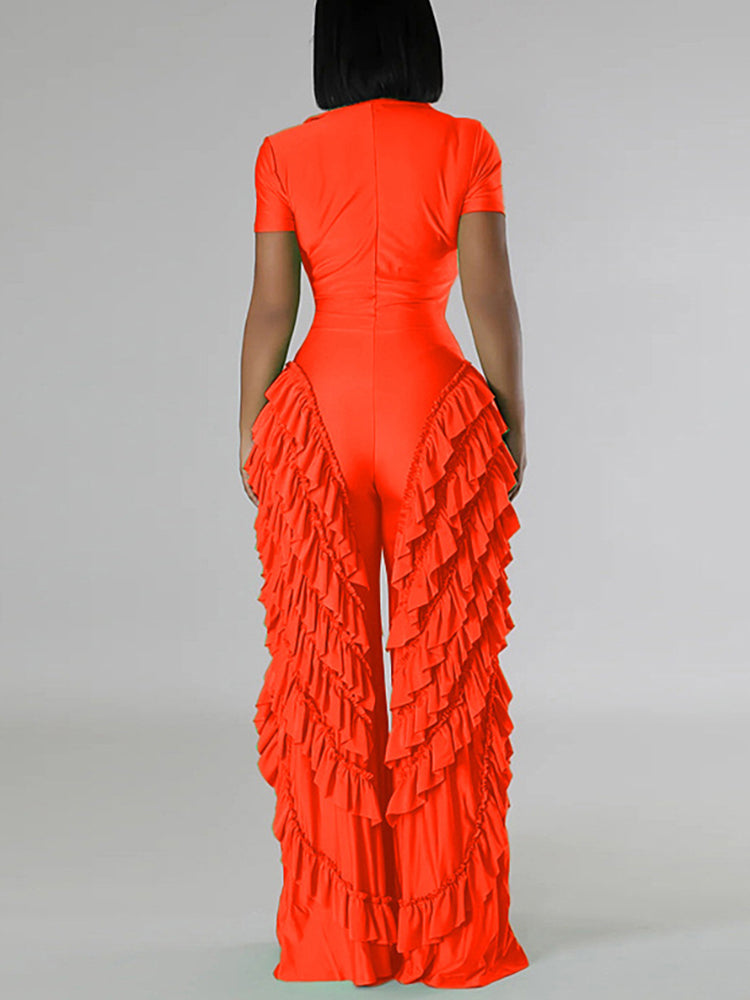 Two Pieces Short Sleeve Ruffle Trim Jumpsuit