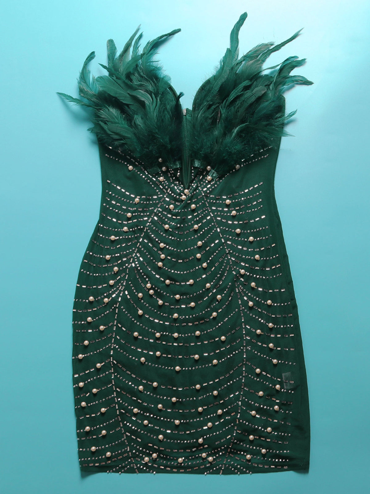 Feather Rhinestone Strapless Mini Dress