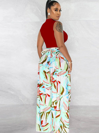 Two Piece Crop Top Floral Print Long Pants