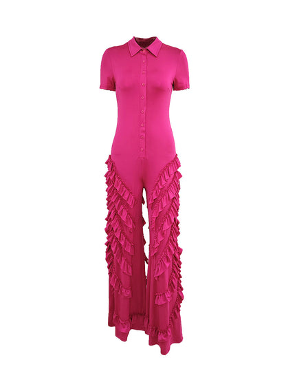 Two Pieces Short Sleeve Ruffle Trim Jumpsuit