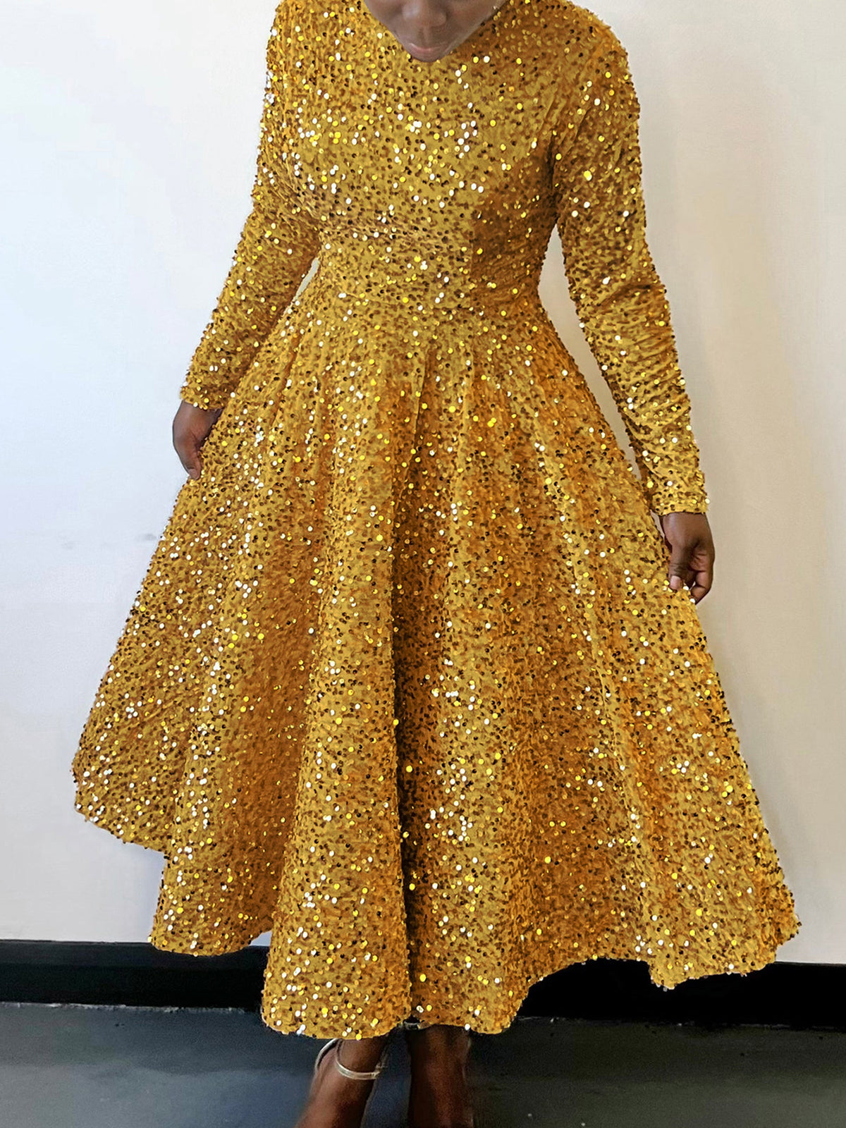 Long Sleeve Solid Color Sequin Dress