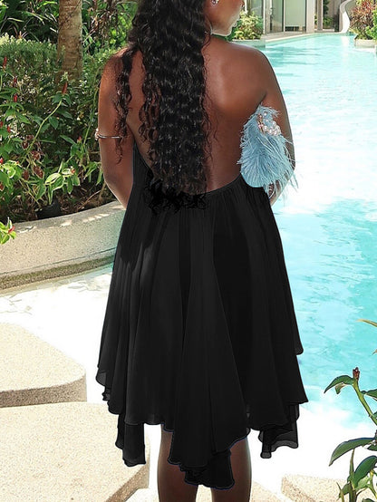 Backless Halter Chiffon Mini Dress