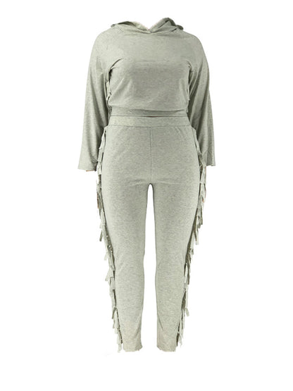 Two Pieces Plus Size Fringe Hooded Tracksuit