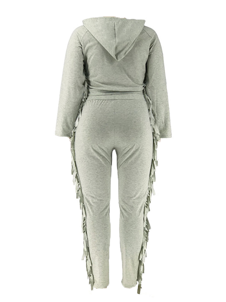 Two Pieces Plus Size Fringe Hooded Tracksuit