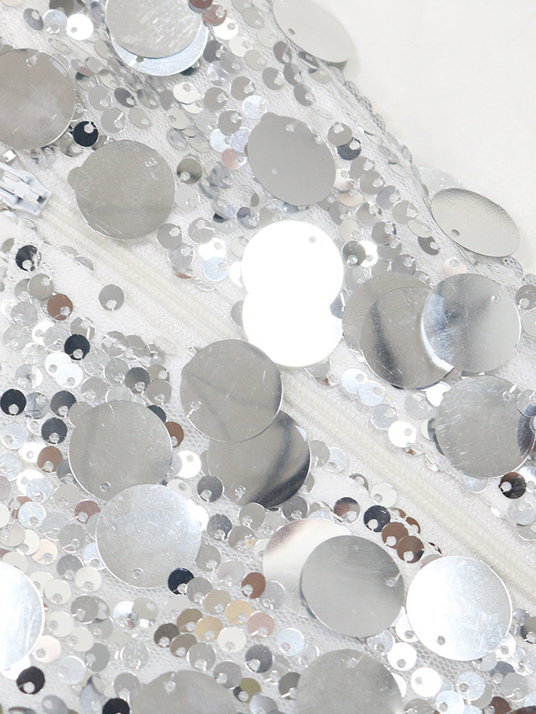 Sequin Halter Backless Feather Trim Dress